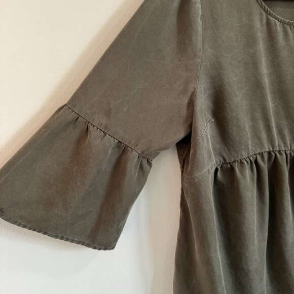 Boden Shirt 12 Curved Seam Tunic Olive Green Mineral Wash Bell Sleeves Boho - Picture 6 of 12